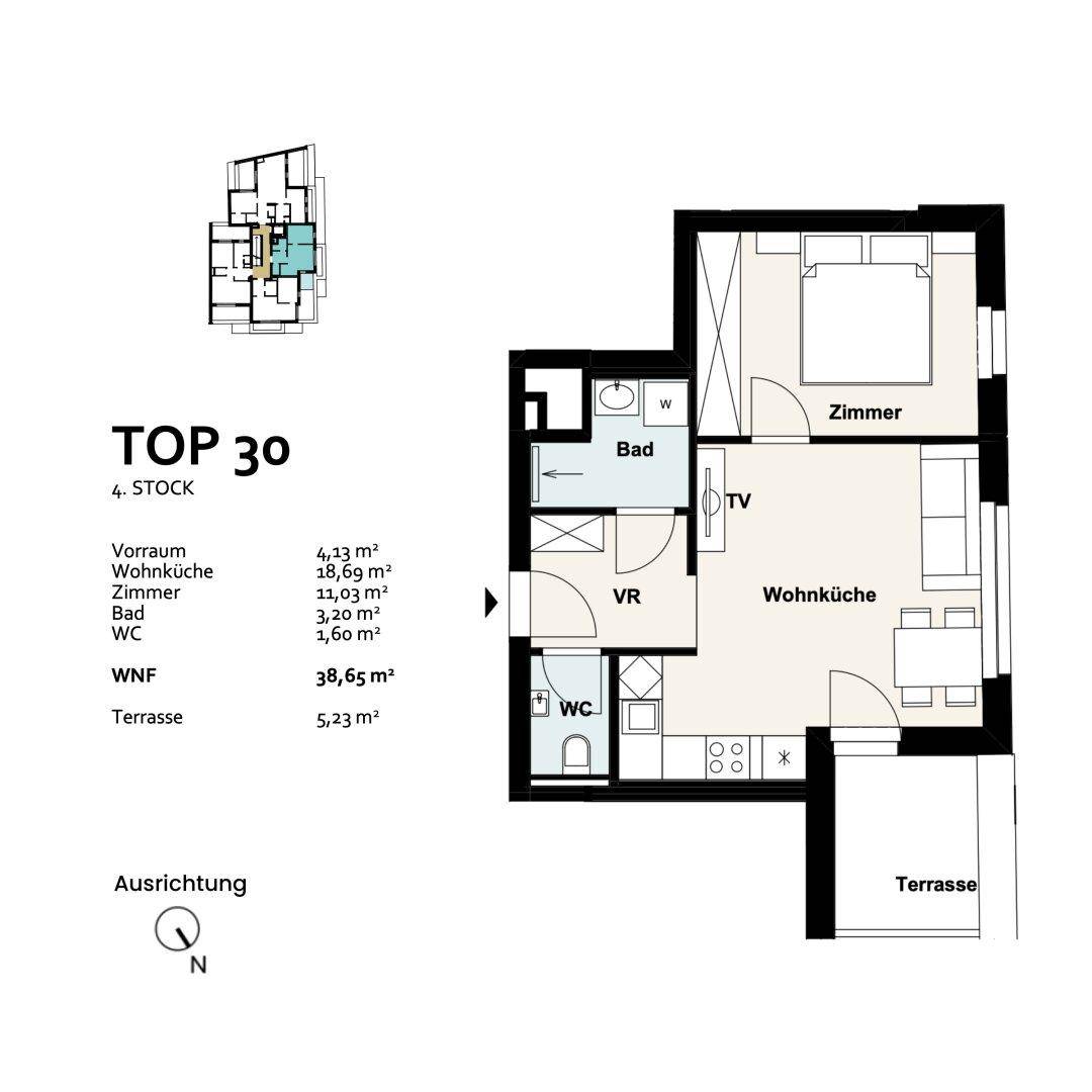 Grundriss einer Wohnung mit offener Wohnküche, einem Schlafzimmer, Bad, separatem WC und einer Terrasse.