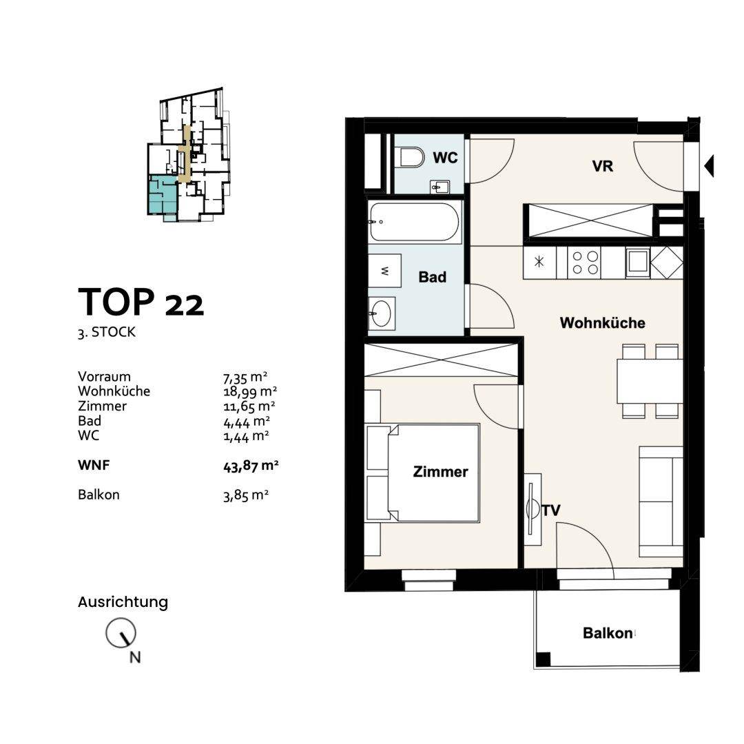 Grundriss der Wohnung TOP 22 im 3. Stock mit Wohnküche, Schlafzimmer, Bad und Balkon.