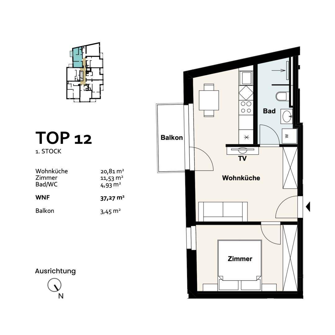 Grundriss einer kompakten Wohnung mit offener Wohnküche, einem Schlafzimmer, Bad und Balkon.