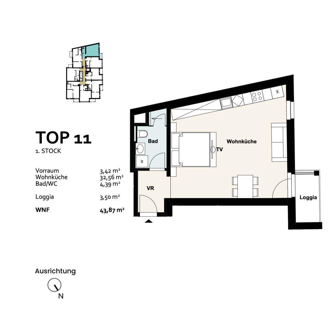Grundriss der Wohnung TOP 11 im ersten Stock mit offener Wohnküche, Bad und Loggia.