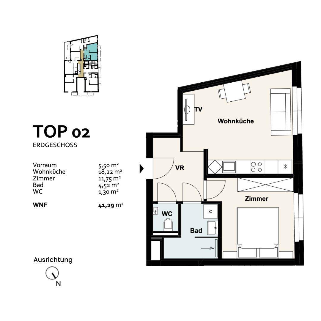 Grundriss der Einheit TOP 02 im Erdgeschoss mit offener Wohnküche, Schlafzimmer und Bad mit separatem WC.