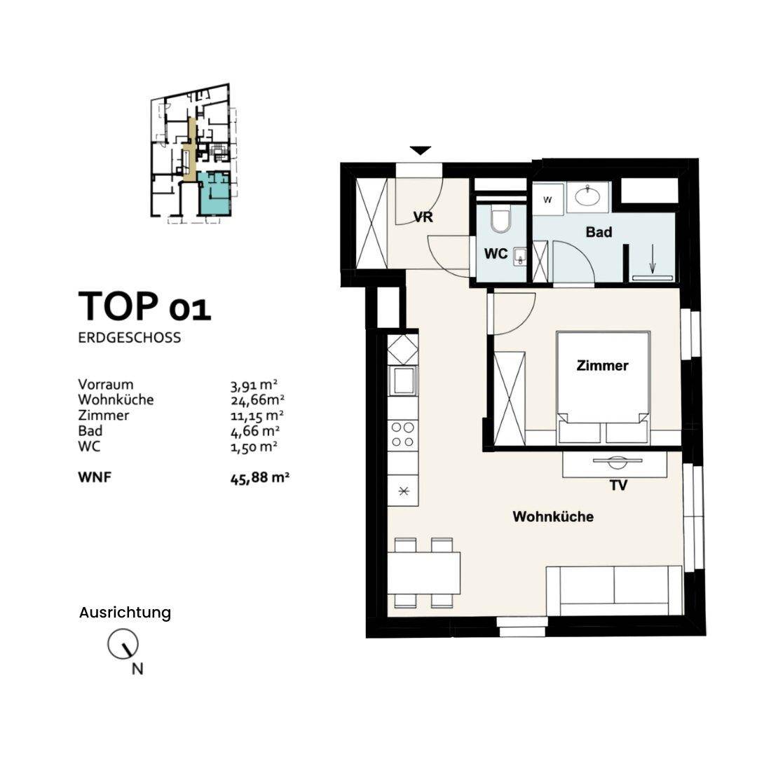 Grundriss der Einheit TOP 01 im Erdgeschoss mit Wohnküche, Schlafzimmer, Bad und separatem WC.