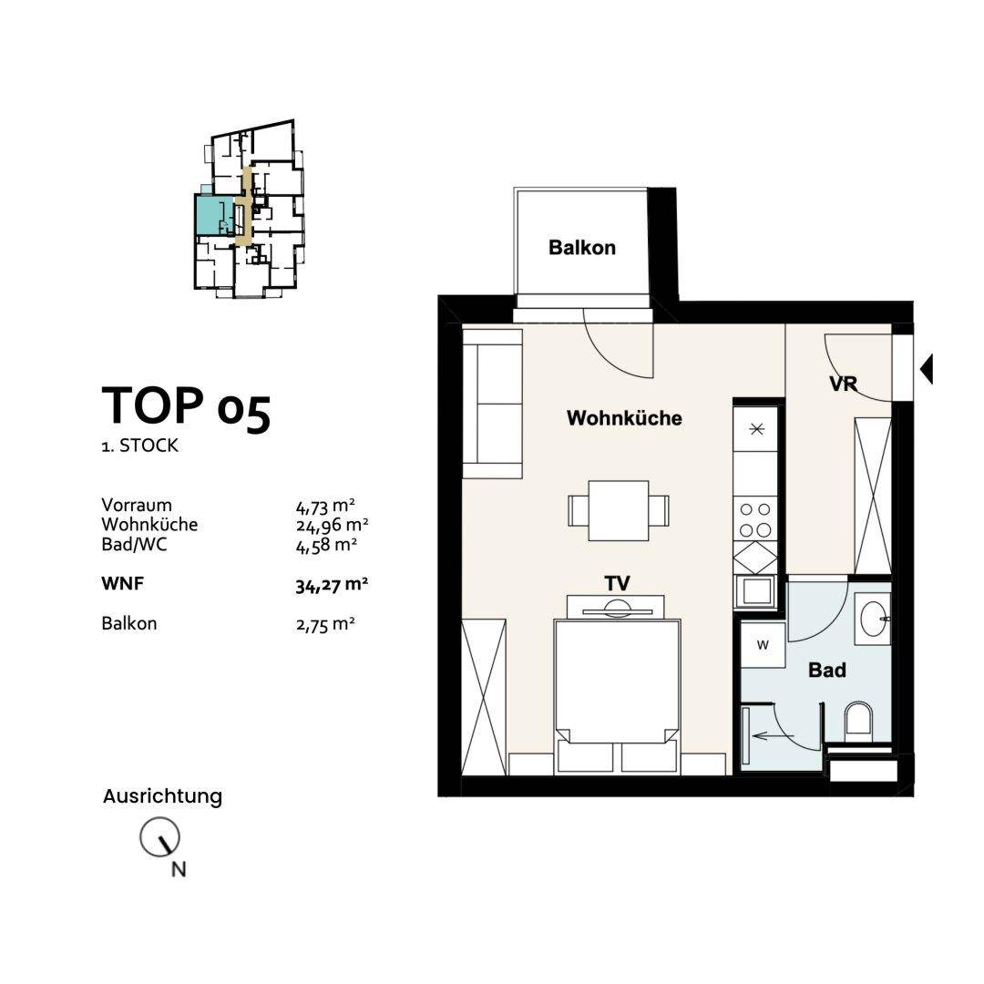 Grundriss der Einheit TOP 05 im ersten Stock mit Balkon, Wohnküche, Schlafzimmer und Bad.