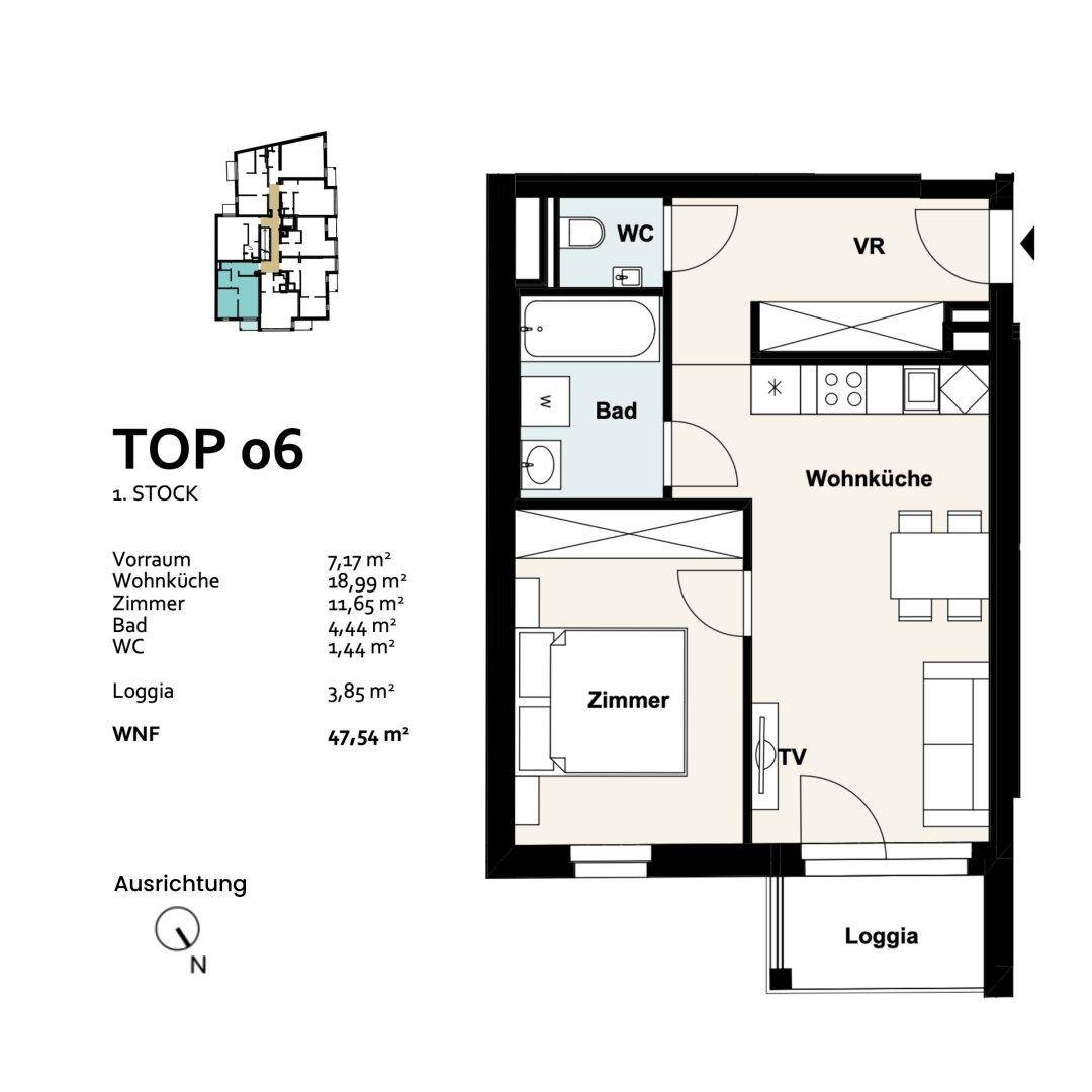 Grundriss der Einheit TOP 06 im ersten Stock mit Loggia, Wohnküche, Schlafzimmer und Bad mit separatem WC.