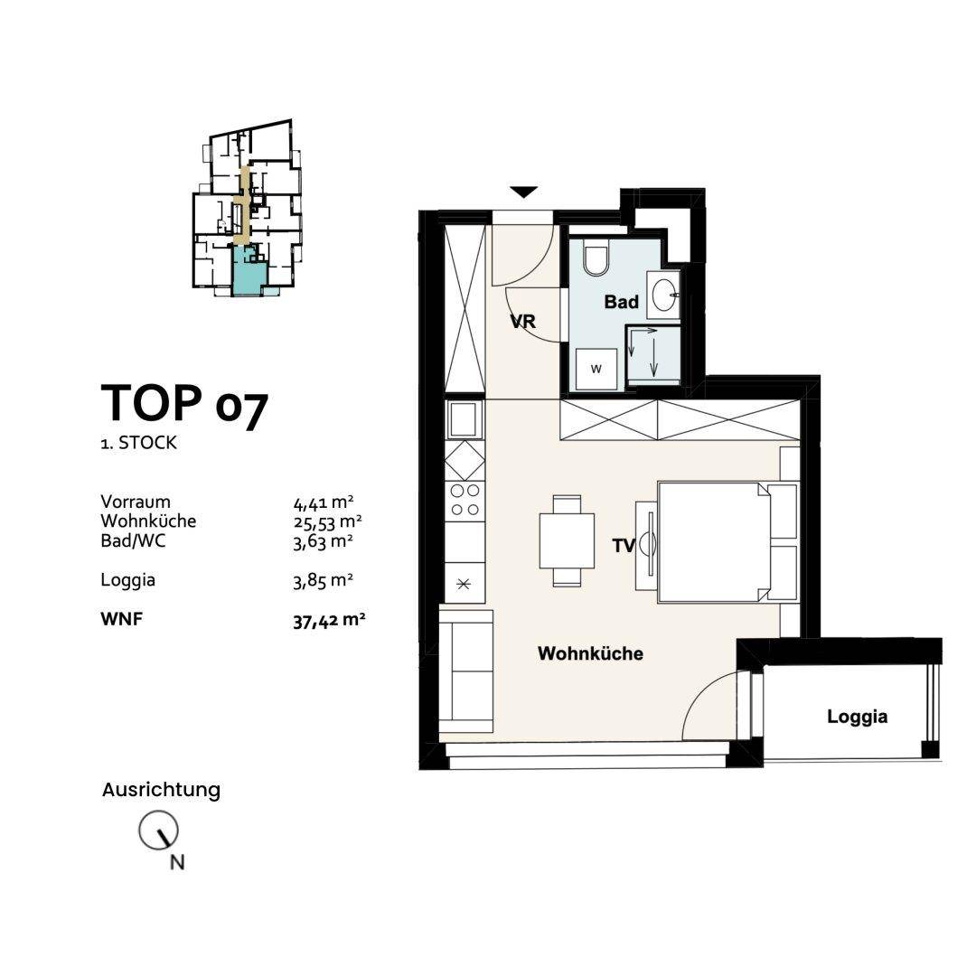 Grundriss der Einheit TOP 07 im ersten Stock mit Loggia, offener Wohnküche, Schlafzimmer und Bad.