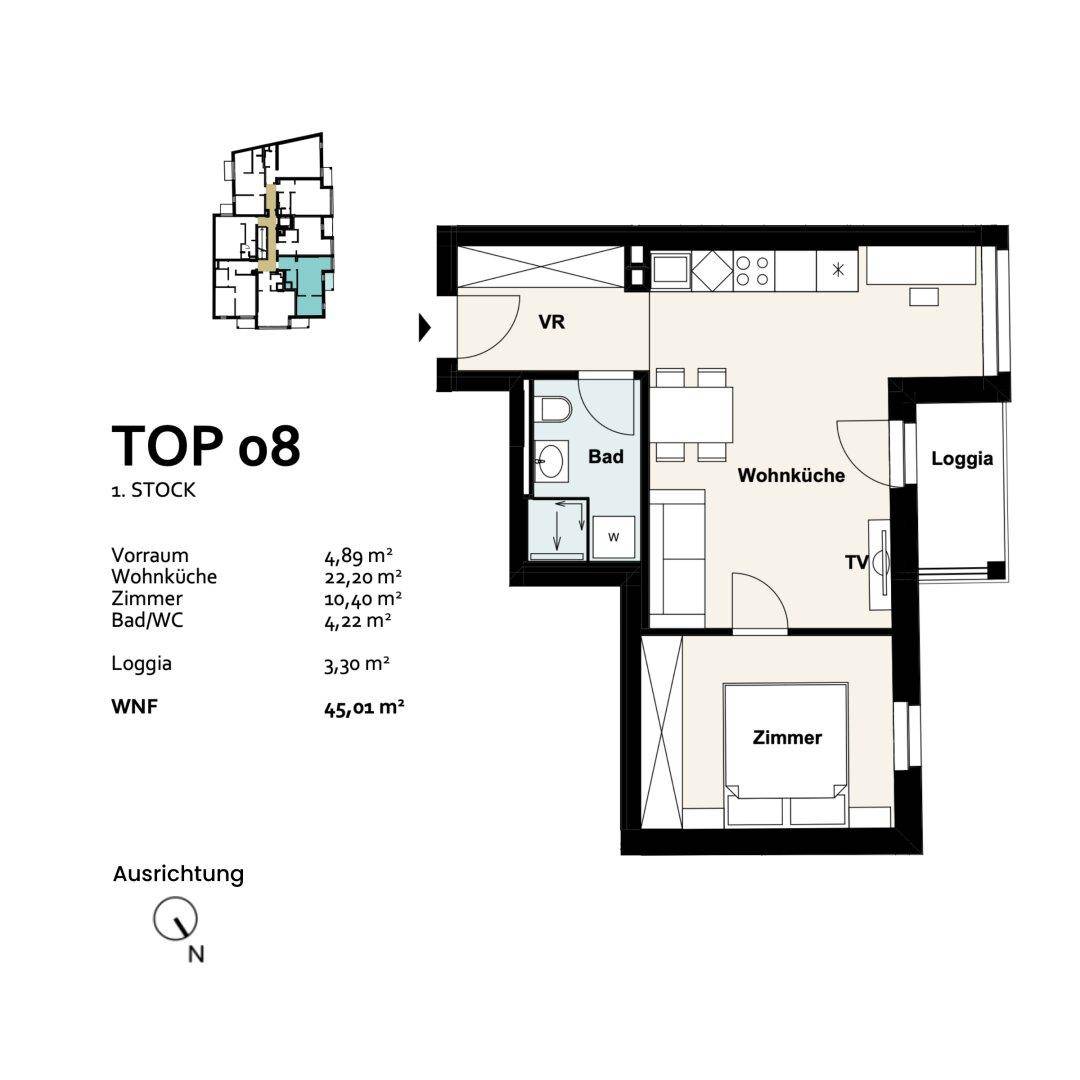 Grundriss der Einheit TOP 08 im ersten Stock mit Loggia, Wohnküche, Schlafzimmer und Bad.