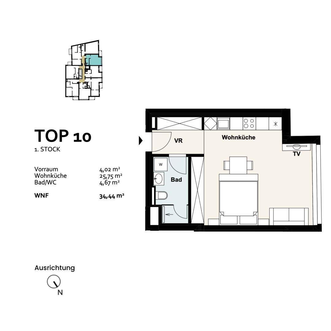 Grundriss der Einheit TOP 10 im ersten Stock mit offener Wohnküche, Schlafzimmer und Bad.