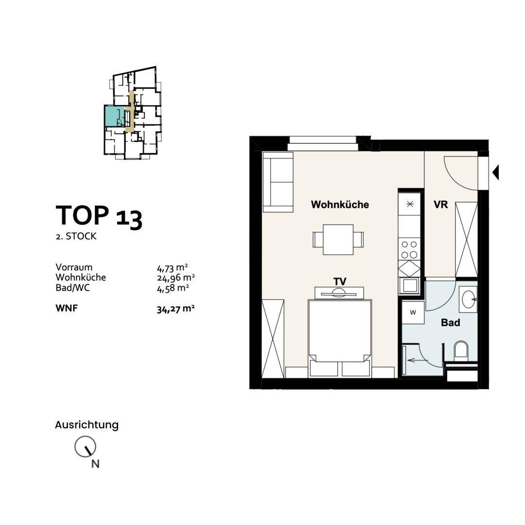 Grundriss der Einheit TOP 13 im zweiten Stock mit Wohnküche, Schlafzimmer und Bad.