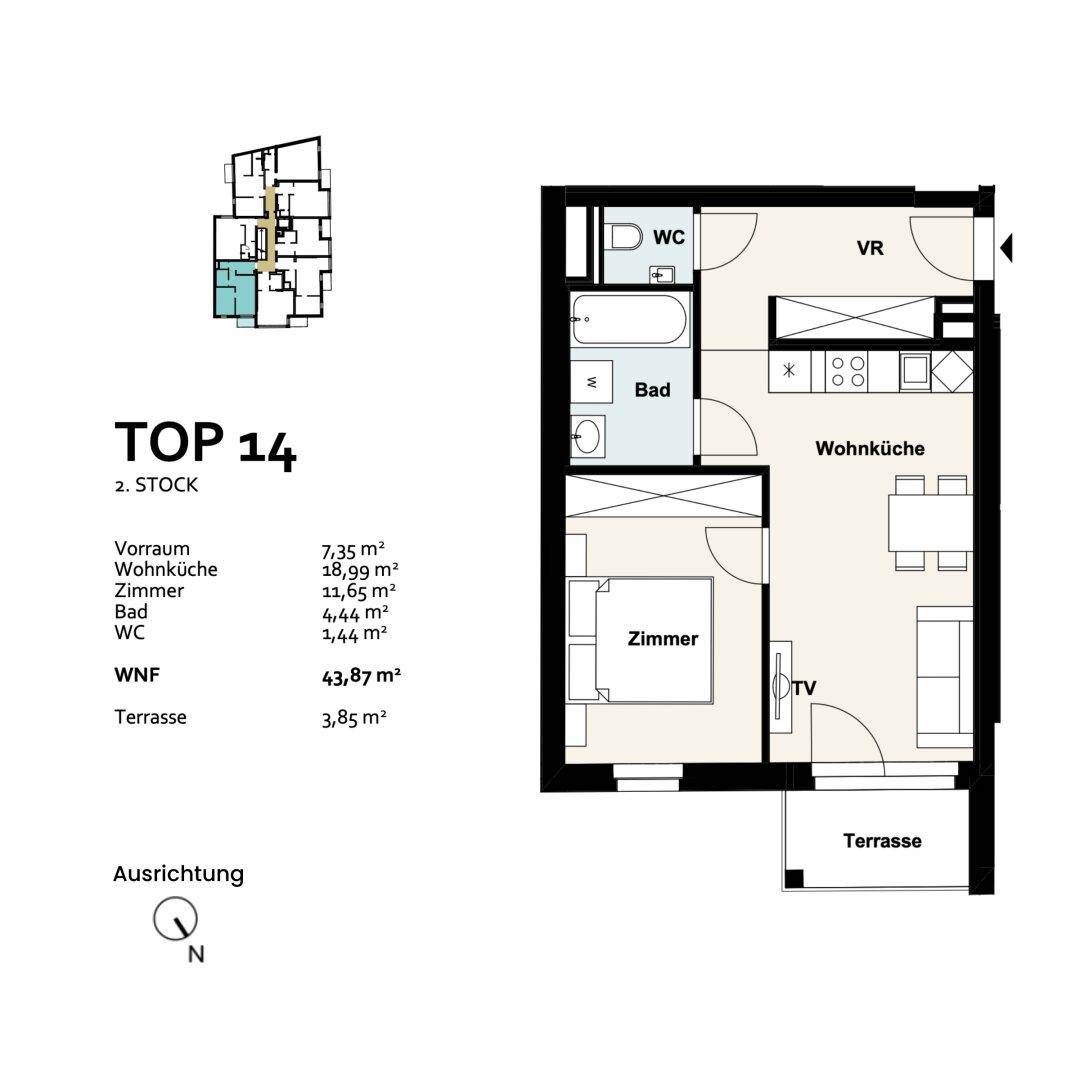 Grundriss der Einheit TOP 14 im zweiten Stock mit Terrasse, Wohnküche, Schlafzimmer und Bad mit separatem WC.