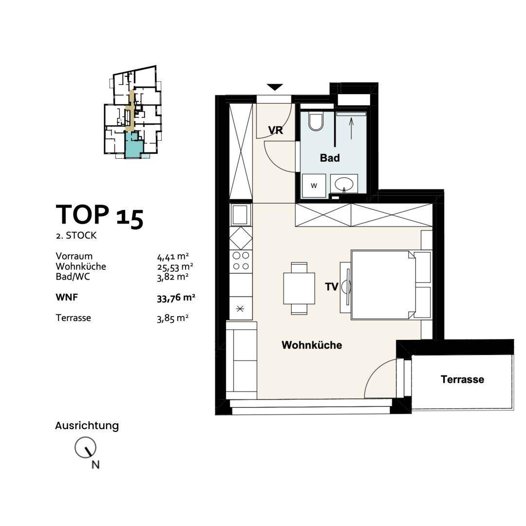 Grundriss der Einheit TOP 15 im zweiten Stock mit Terrasse, offener Wohnküche, Schlafzimmer und Bad.