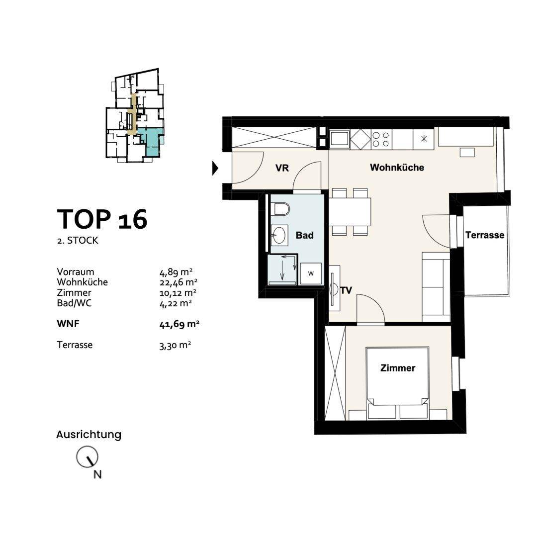 Grundriss der Einheit TOP 16 im zweiten Stock mit Terrasse, Wohnküche, Schlafzimmer und Bad.