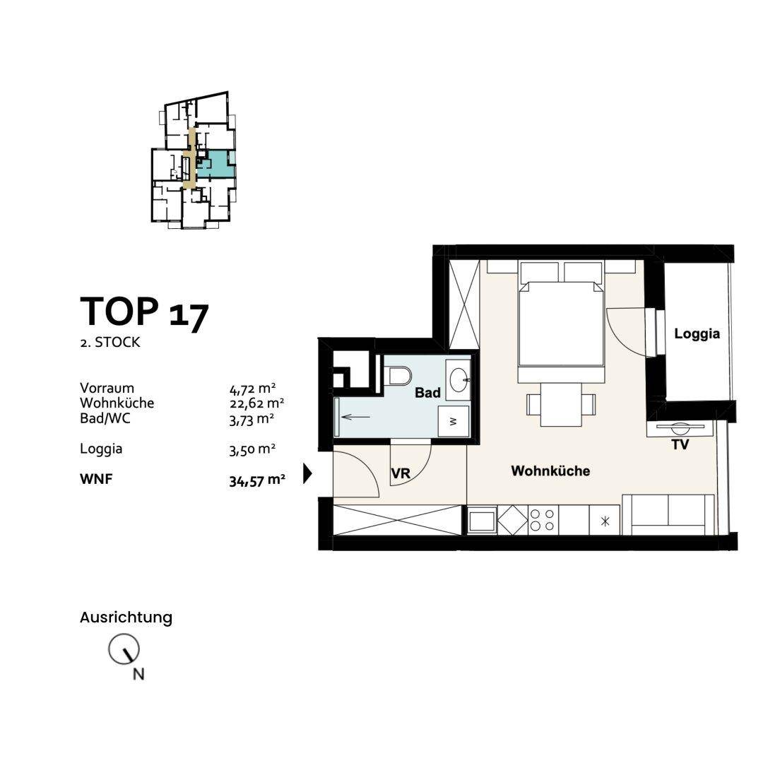 Grundriss der Einheit TOP 17 im zweiten Stock mit Loggia, Wohnküche, Schlafzimmer und Bad.