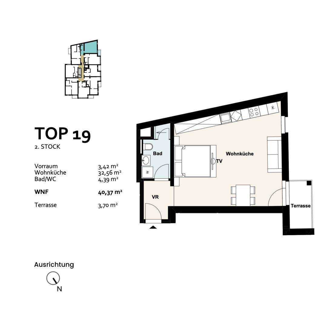 Grundriss der Einheit TOP 19 im zweiten Stock mit Terrasse, Wohnküche, Schlafzimmer und Bad.