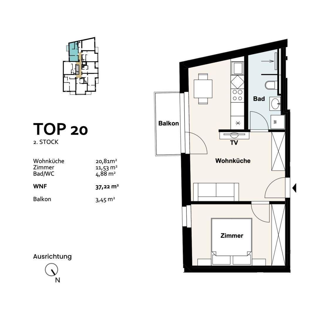 Grundriss der Einheit TOP 20 im zweiten Stock mit Balkon, Wohnküche, Schlafzimmer und Bad.