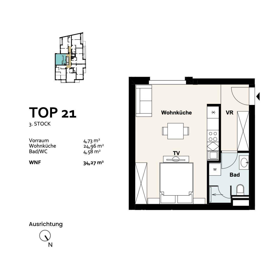 Grundriss der Einheit TOP 21 im dritten Stock mit Wohnküche, Schlafzimmer und Bad.