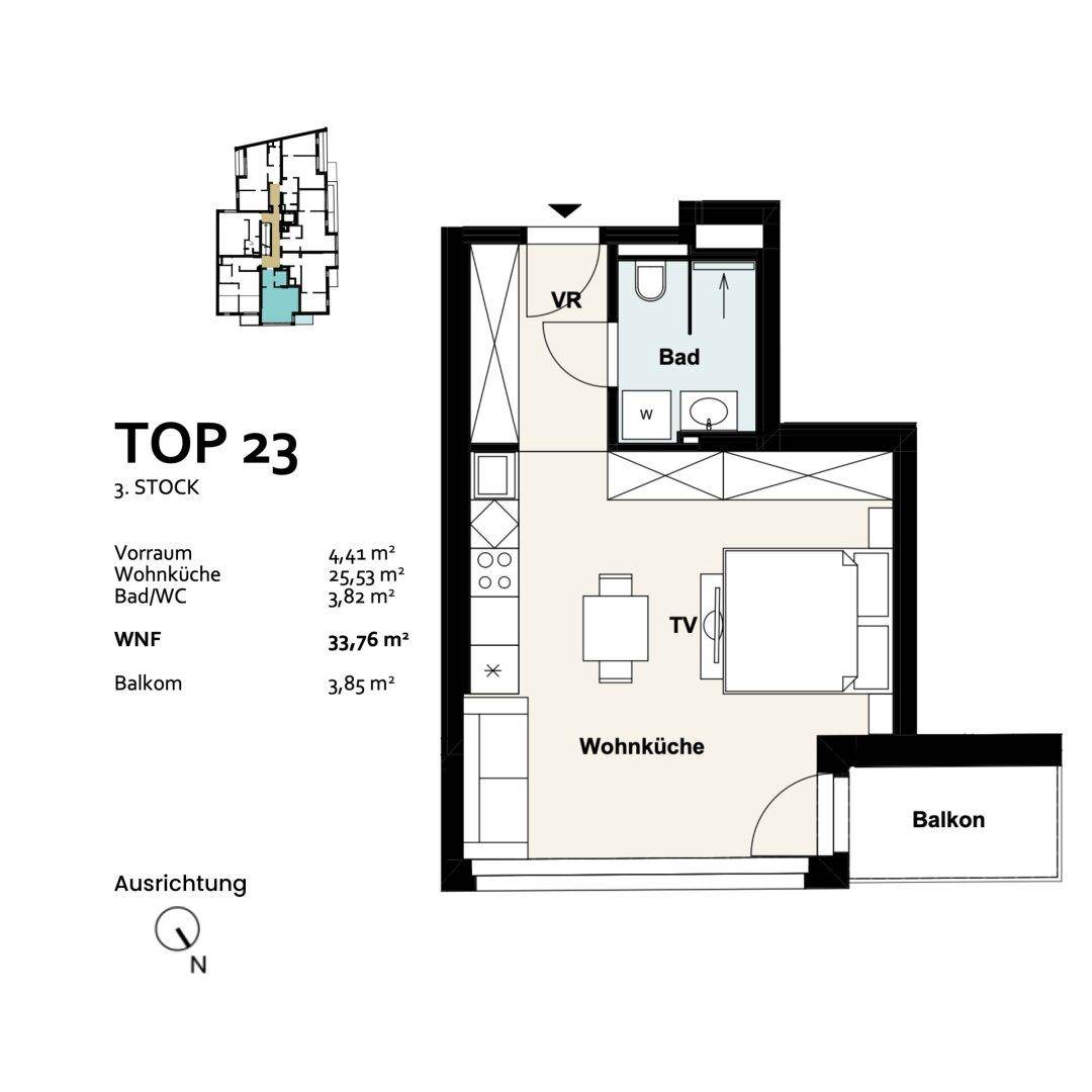 Grundriss der Einheit TOP 23 im dritten Stock mit Balkon, offener Wohnküche, Schlafzimmer und Bad.