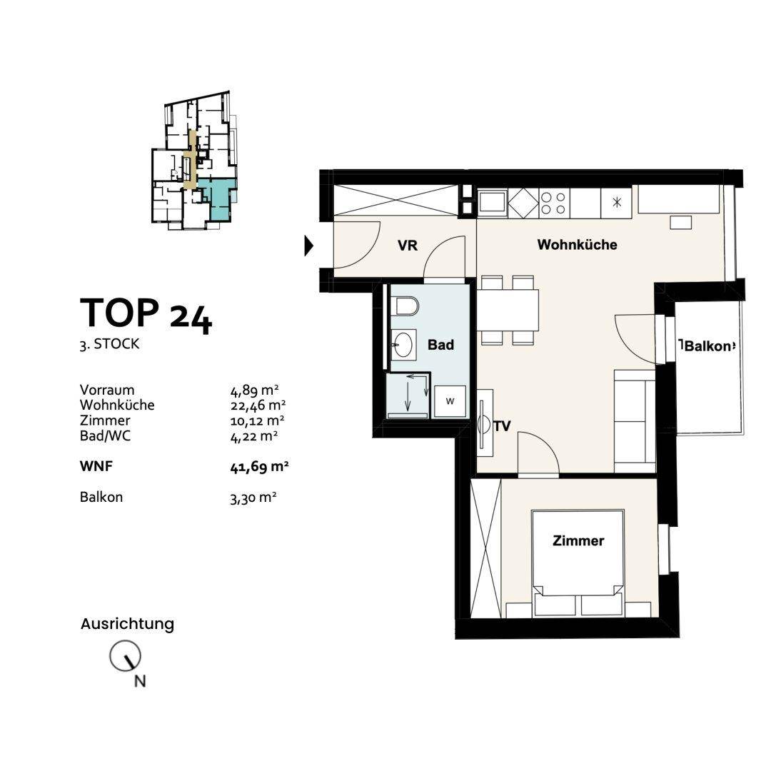 Grundriss der Einheit TOP 24 im dritten Stock mit Balkon, Wohnküche, Schlafzimmer und Bad.