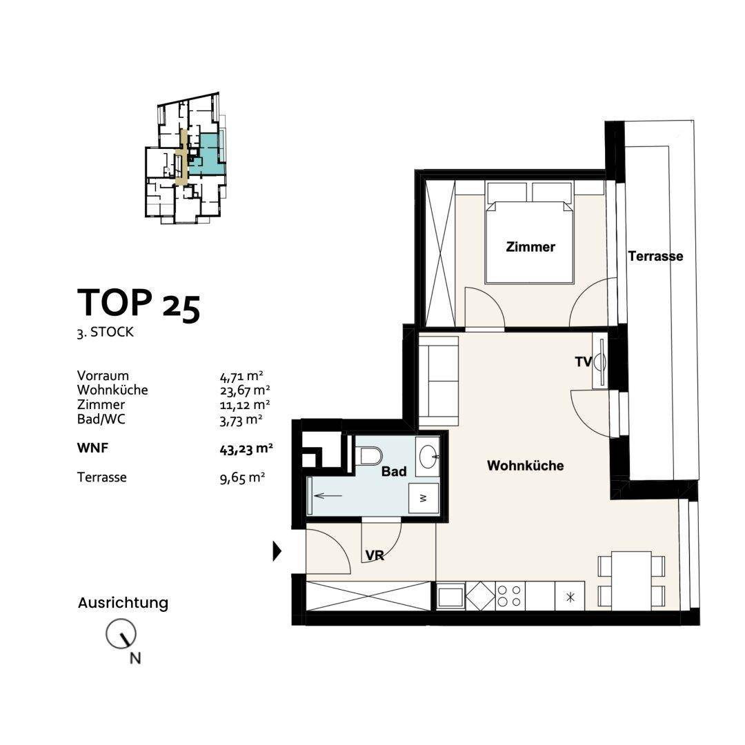 Grundriss der Einheit TOP 25 im dritten Stock mit Terrasse, Wohnküche, Schlafzimmer und Bad.