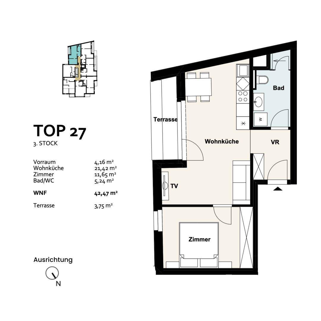 Grundriss der Einheit TOP 27 im dritten Stock mit Terrasse, Wohnküche, Schlafzimmer und Bad.