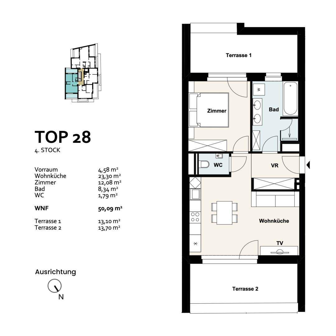 Grundriss der Einheit TOP 28 im vierten Stock mit zwei Terrassen, Wohnküche, Schlafzimmer und Bad mit separatem WC.