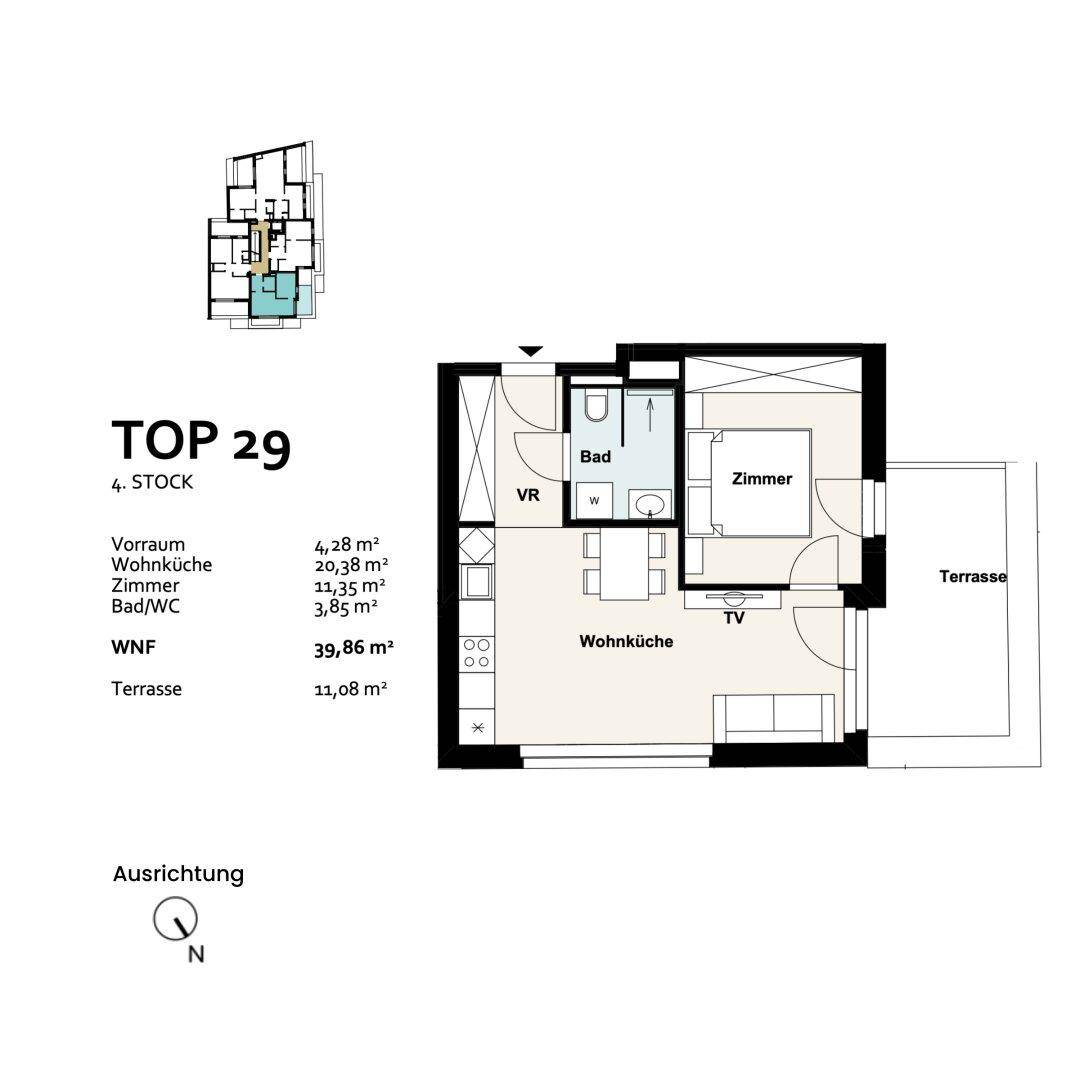 Grundriss der Einheit TOP 29 im vierten Stock mit Terrasse, Wohnküche, Schlafzimmer und Bad.