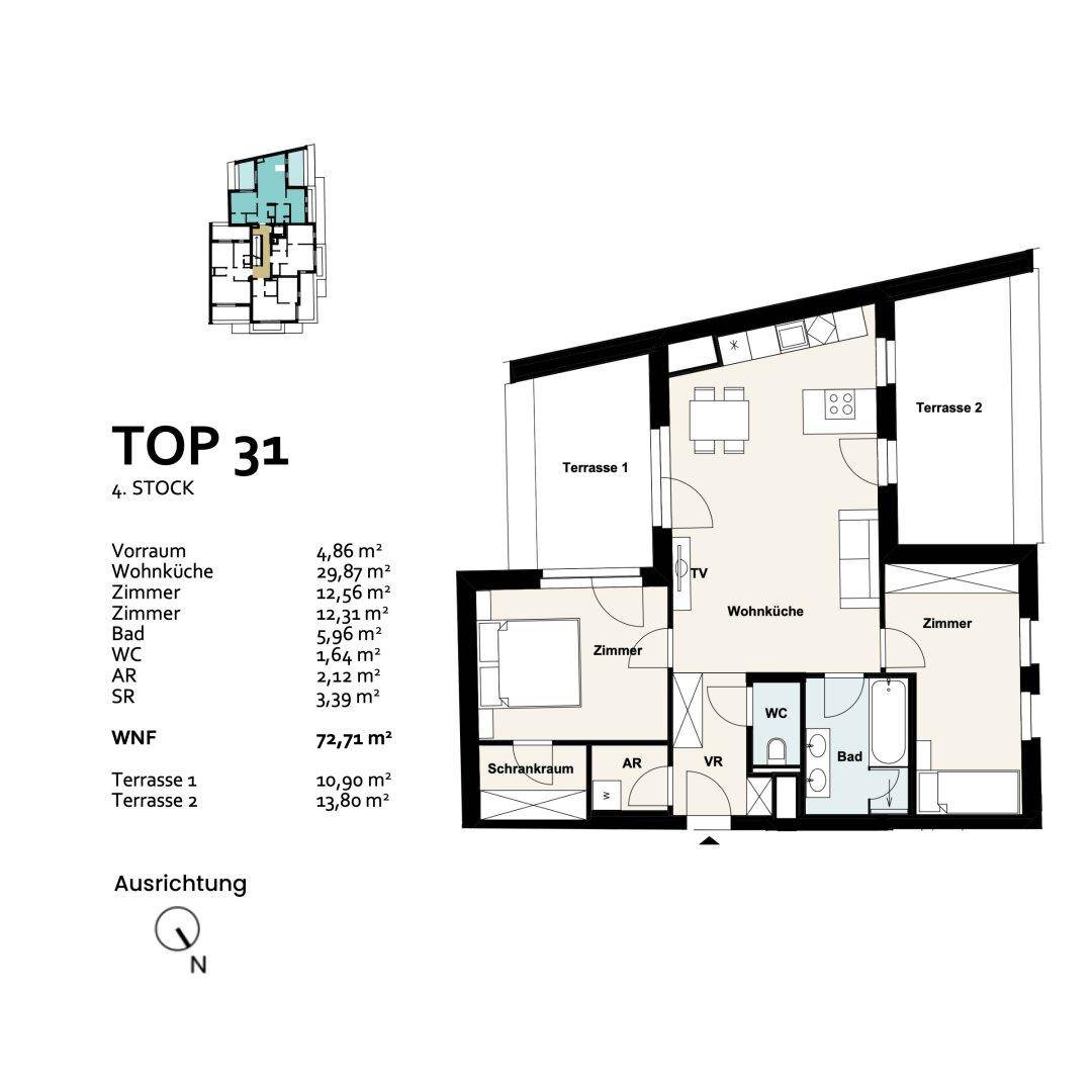 Detaillierter Grundriss einer Wohnung mit offener Wohnküche, zwei Schlafzimmern, Bad, separatem WC und zwei Terrassen.