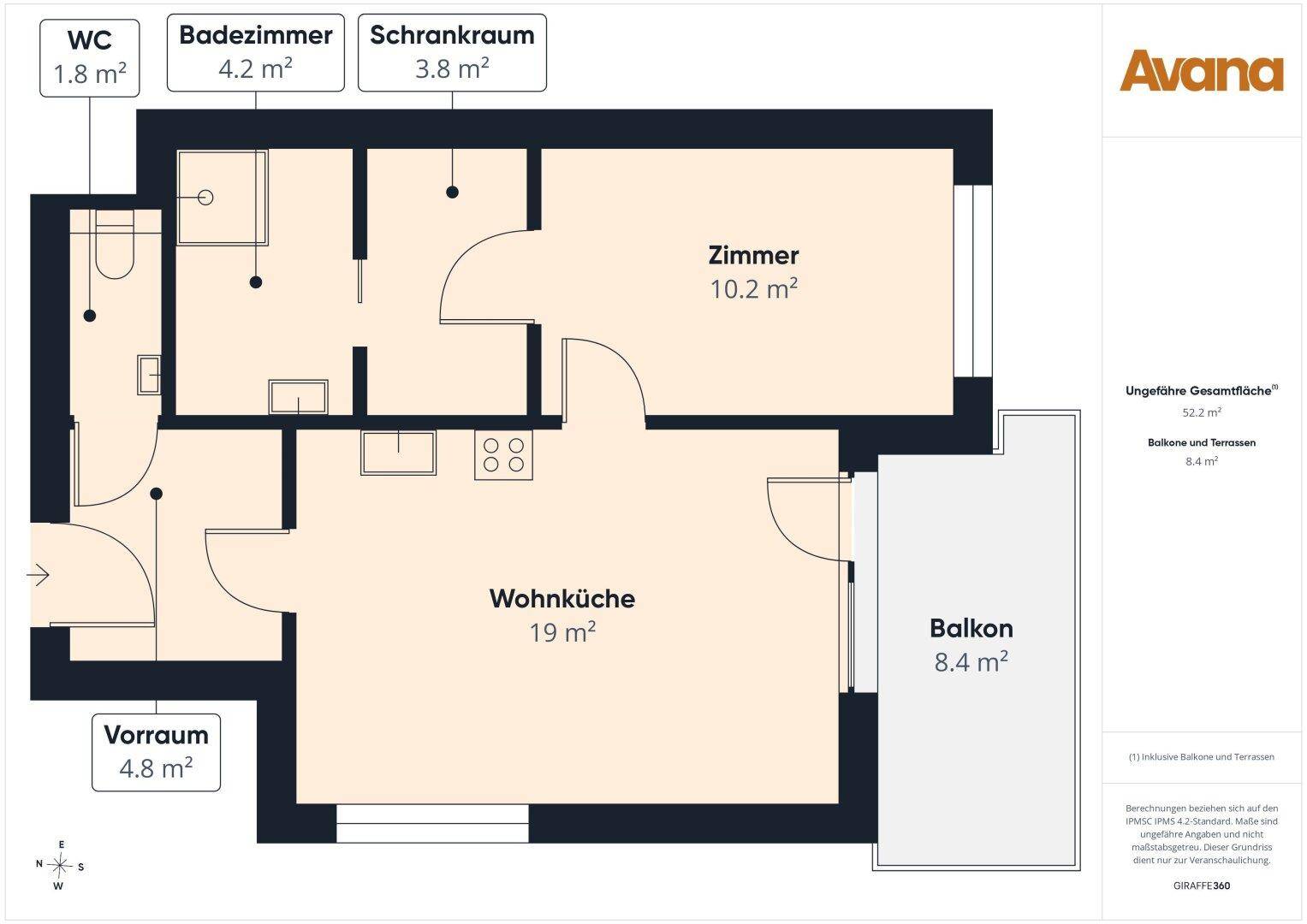 Grundriss einer Wohnung mit Wohnküche, Schlafzimmer, Bad, separatem WC und Balkon.