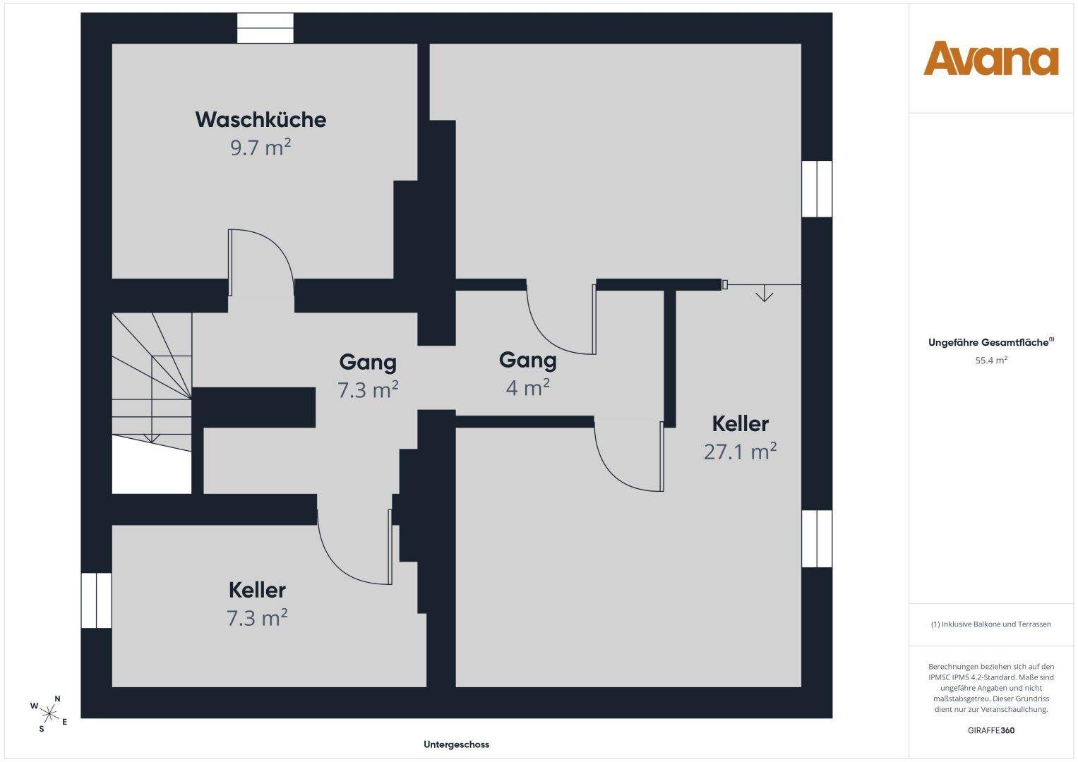Grundriss des Untergeschosses mit Waschküche, zwei Kellerräumen und zwei Fluren.