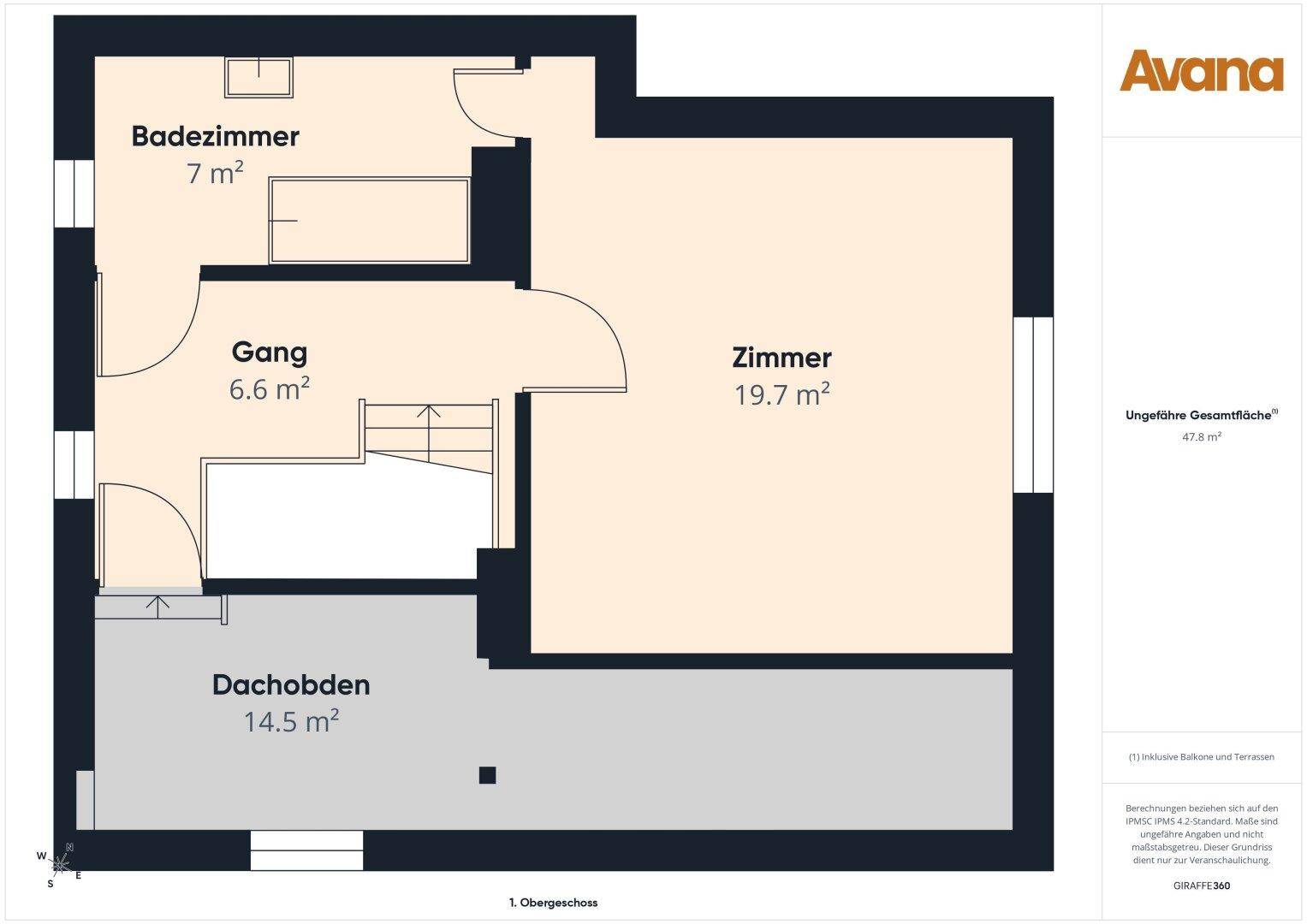 Grundriss des Obergeschosses mit Badezimmer, großem Zimmer, Flur und Dachbodenbereich.