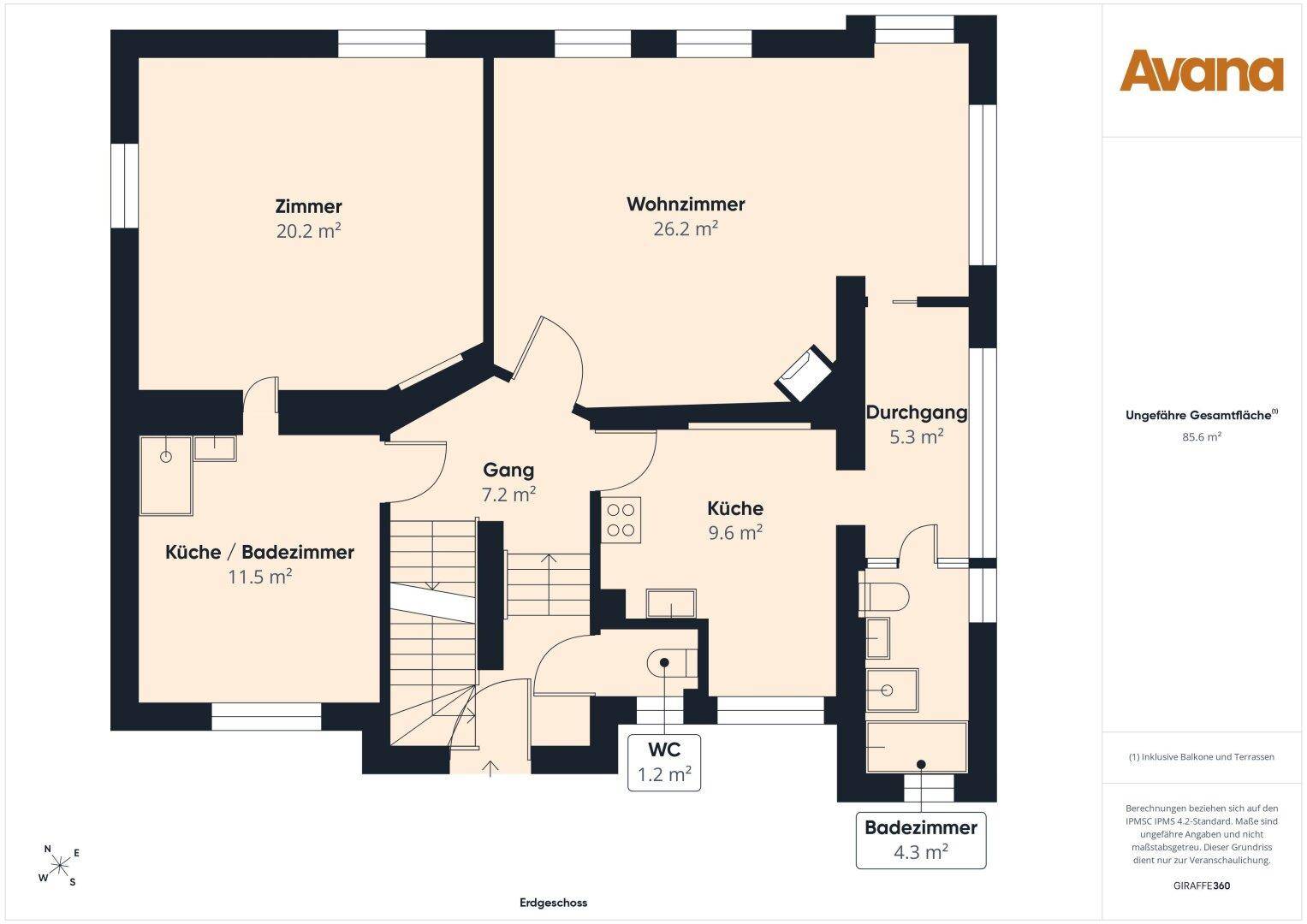 Grundriss des Erdgeschosses mit Wohnzimmer, Zimmer, Küche und Bad.