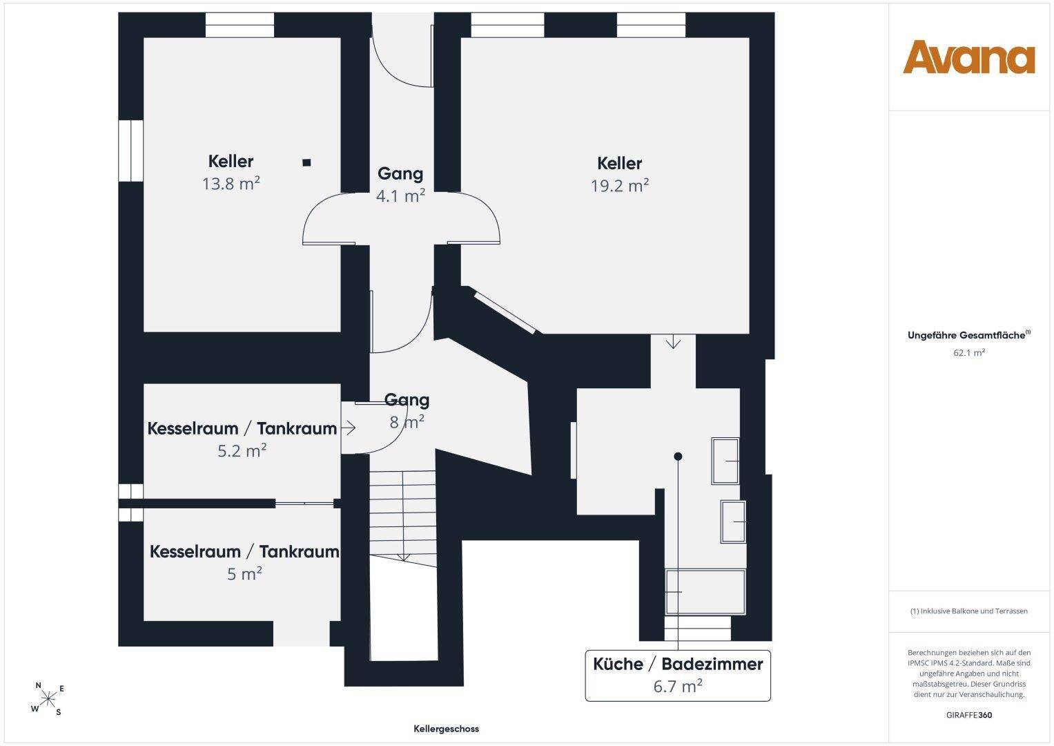 Grundriss des Kellergeschosses mit Kellerräumen, Kesselraum und Bad.