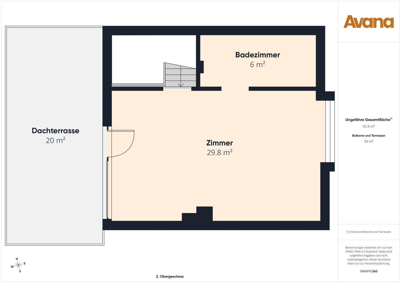 Grundriss des 2. Obergeschosses mit großem Zimmer, Badezimmer und Dachterrasse.