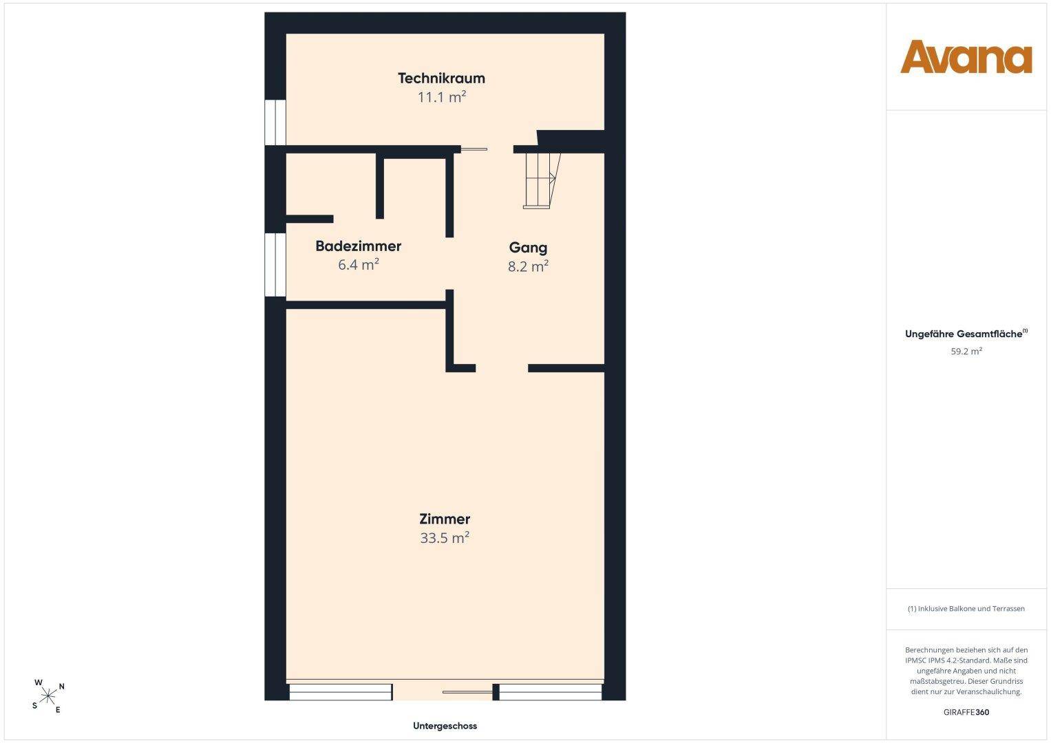 Grundriss des Untergeschosses mit Technikraum, Badezimmer, Gang und einem großen Zimmer.