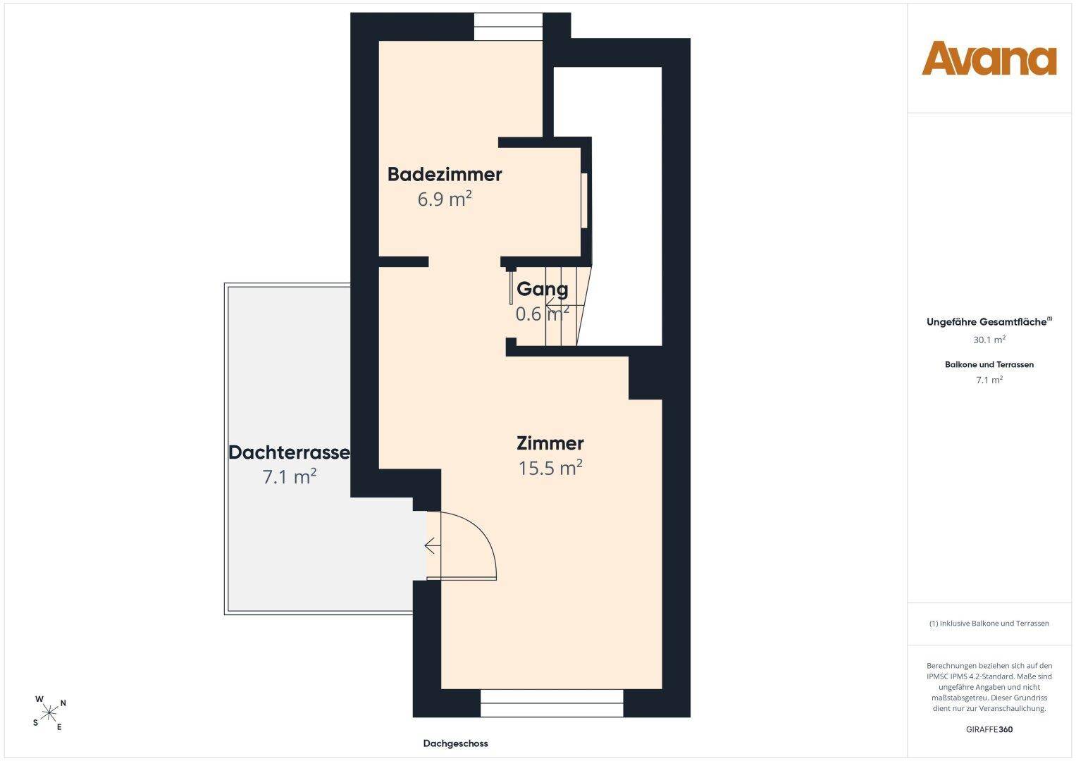 Grundriss des Dachgeschosses mit Badezimmer, Gang, einem Zimmer und großer Dachterrasse.