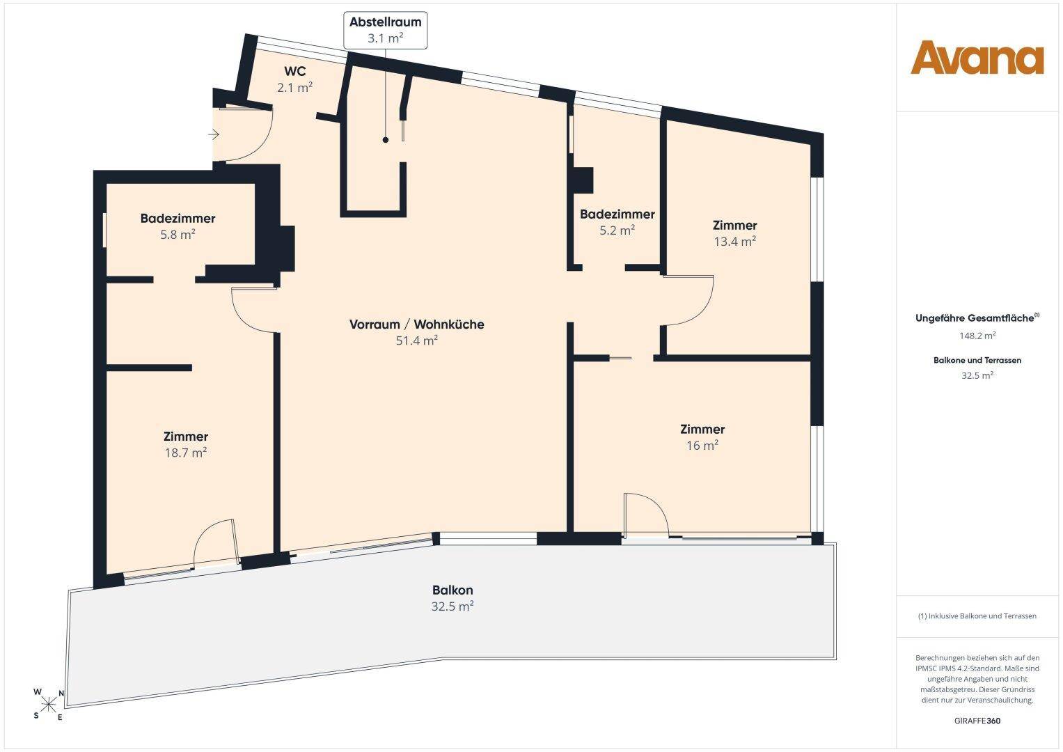 Grundriss einer Wohnung mit drei Zimmern, zwei Bädern und einem großen Balkon von 32,5 m².