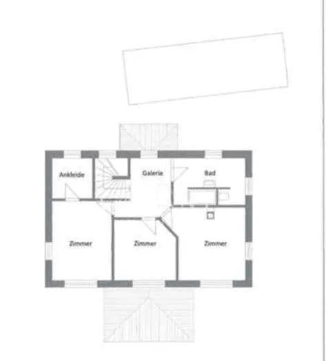 Grundriss des Obergeschosses mit drei Zimmern, Bad, Ankleide und Galeriebereich.