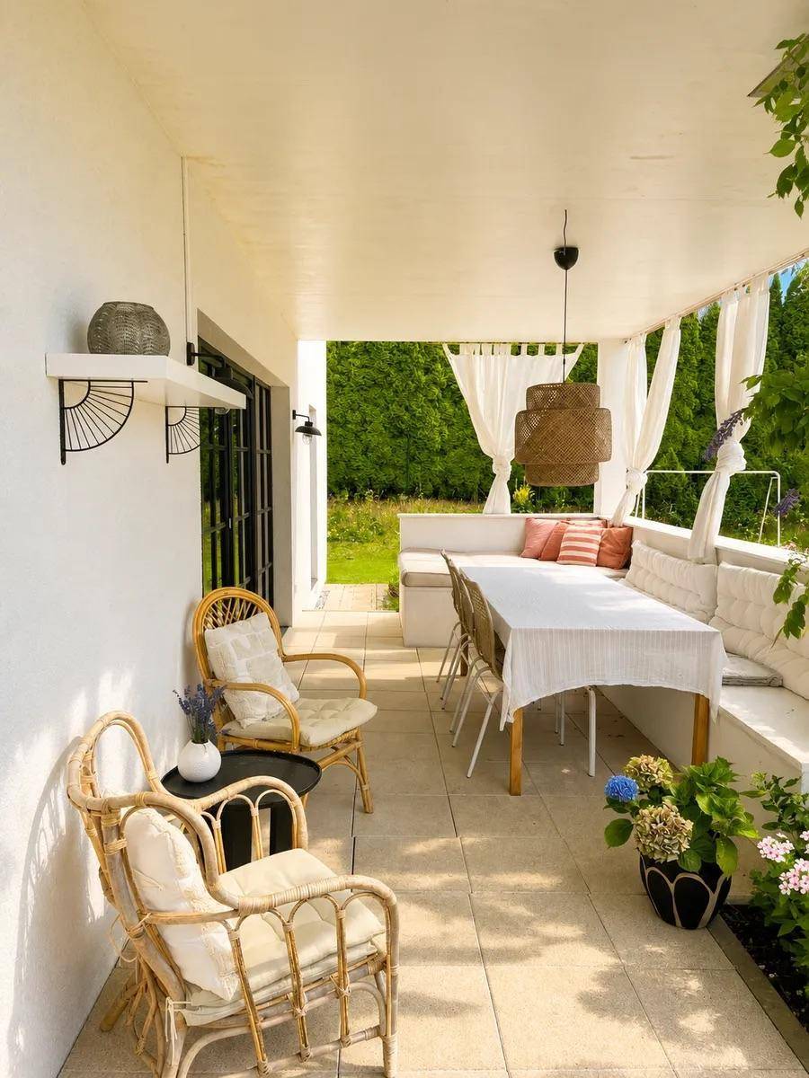 Geräumige überdachte Terrasse mit Essbereich und Lounge-Möbeln im Freien.