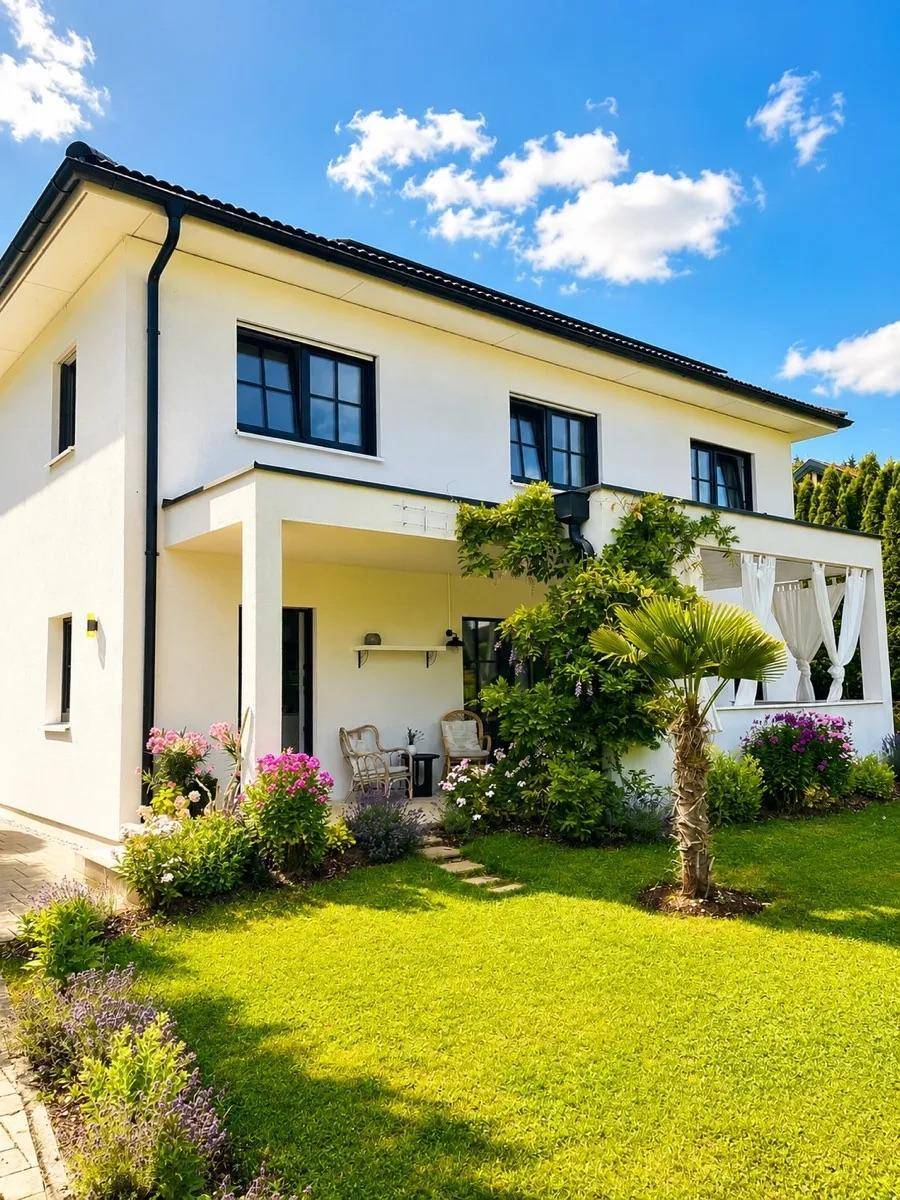 Modernes Einfamilienhaus mit überdachter Terrasse und gepflegtem Vorgarten.