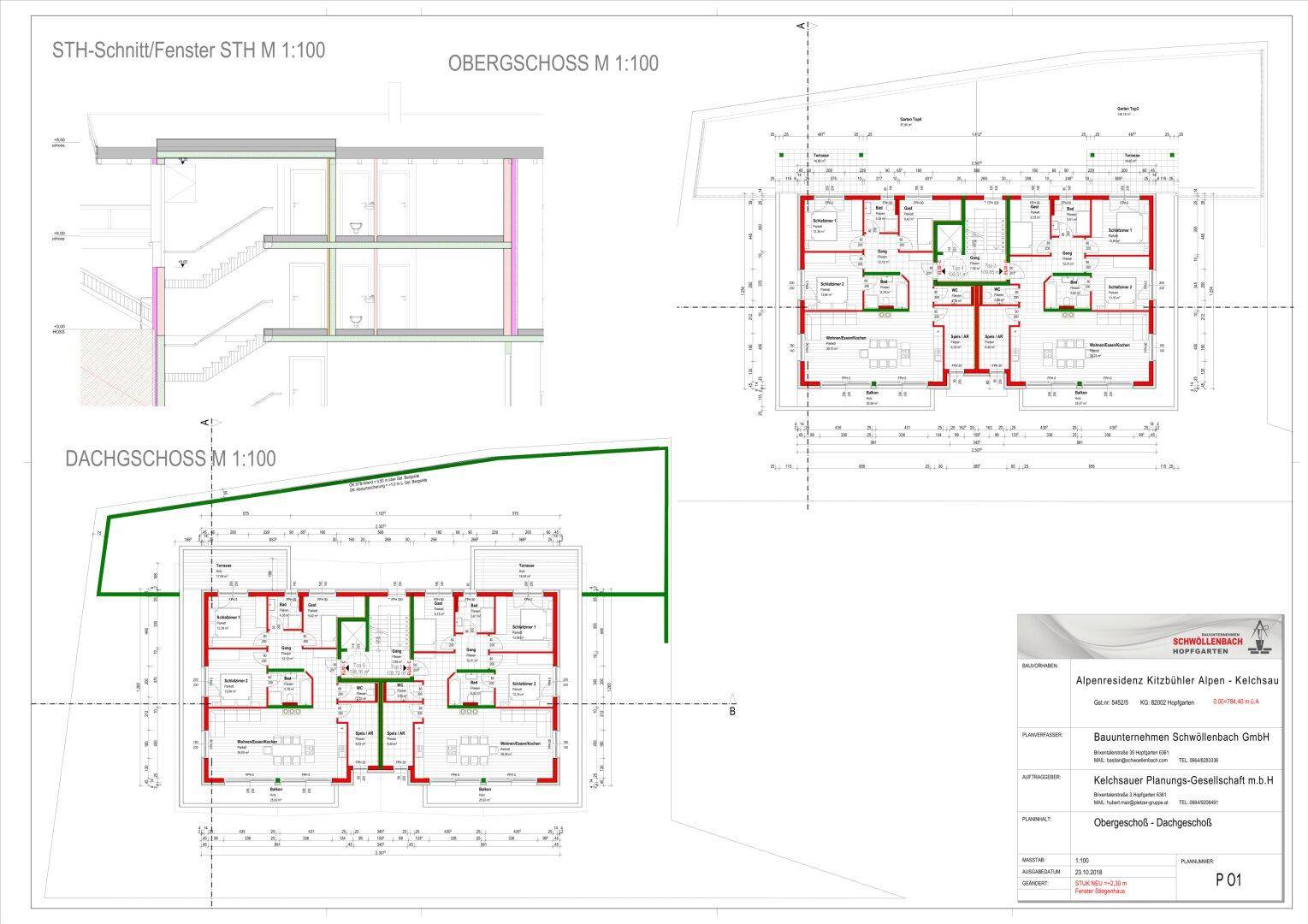 Grundrisspläne für Obergeschoss und Dachgeschoss der Wohnanlage mit Balkonen und Terrassen.
