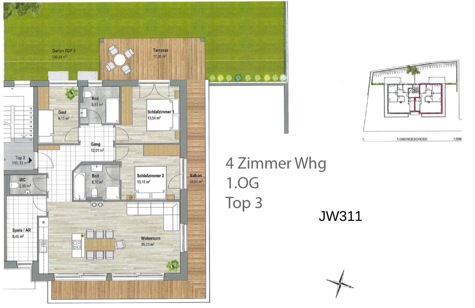 Grundriss einer 4-Zimmer-Wohnung im ersten Obergeschoss mit Terrasse und Gartenanteil.
