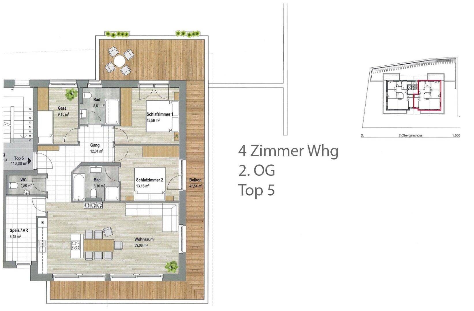 Grundriss einer 4-Zimmer-Wohnung im zweiten Obergeschoss mit Balkon und Terrasse.