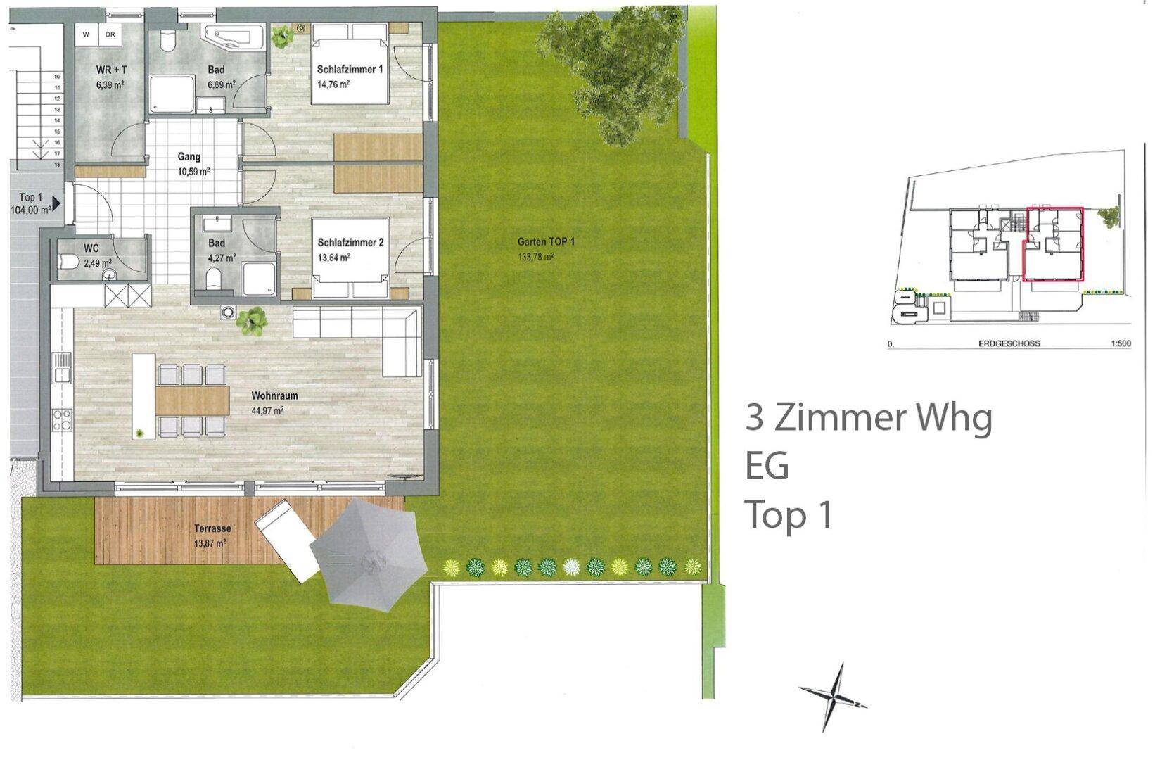 Grundriss einer Erdgeschosswohnung mit privatem Garten, Terrasse und zwei Schlafzimmern.