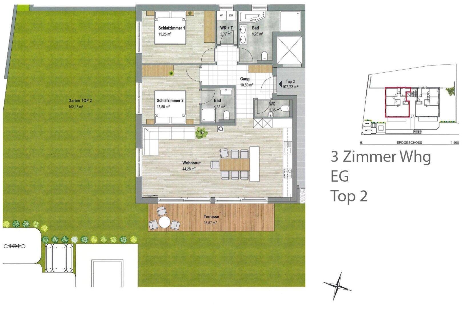 Grundriss einer Erdgeschosswohnung mit großem Garten, Terrasse und zwei Schlafzimmern.