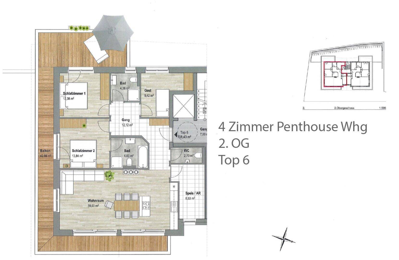 Grundriss einer Penthouse-Wohnung mit großer Terrasse, zwei Schlafzimmern und offenem Wohnbereich.