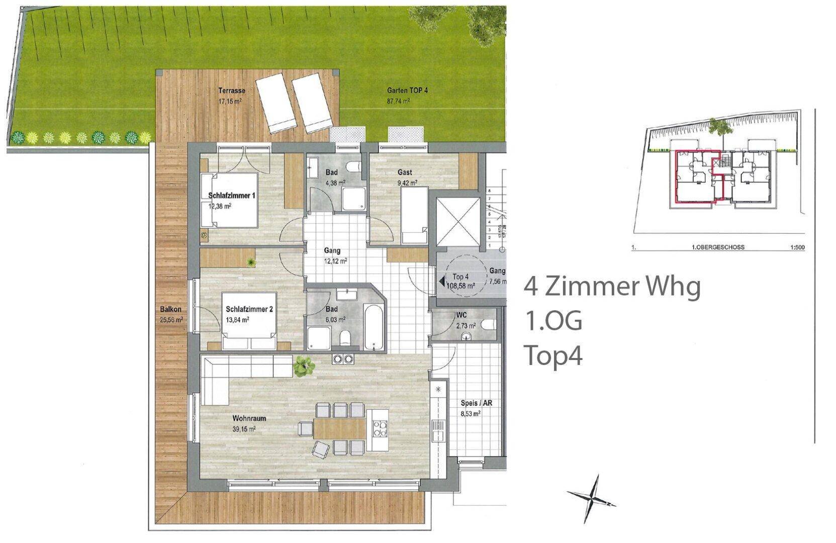 Grundriss einer 4-Zimmer-Wohnung im ersten Obergeschoss mit Balkon und Gartenanteil.