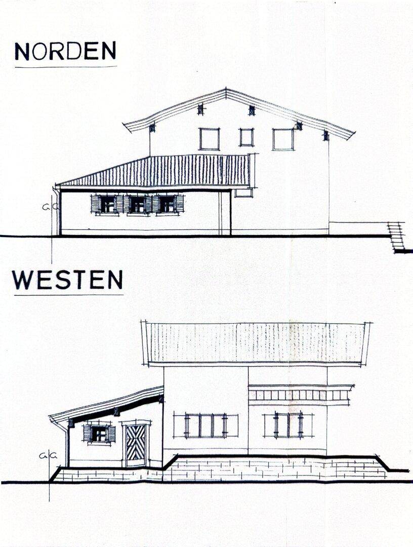 Architektonische Ansichten der Nord- und Westfassade des Gebäudes.