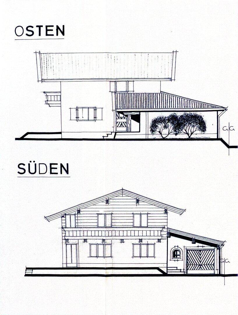 Architektonische Ansichten der Ost- und Südfassade des Gebäudes mit Balkonen.