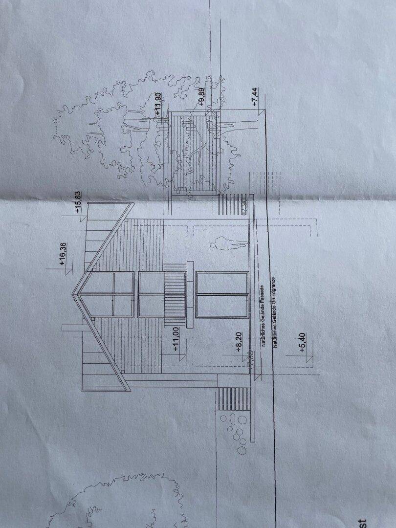 Architektonische Ansicht der Gebäudefassade mit Höhenangaben und Fensterdetails.