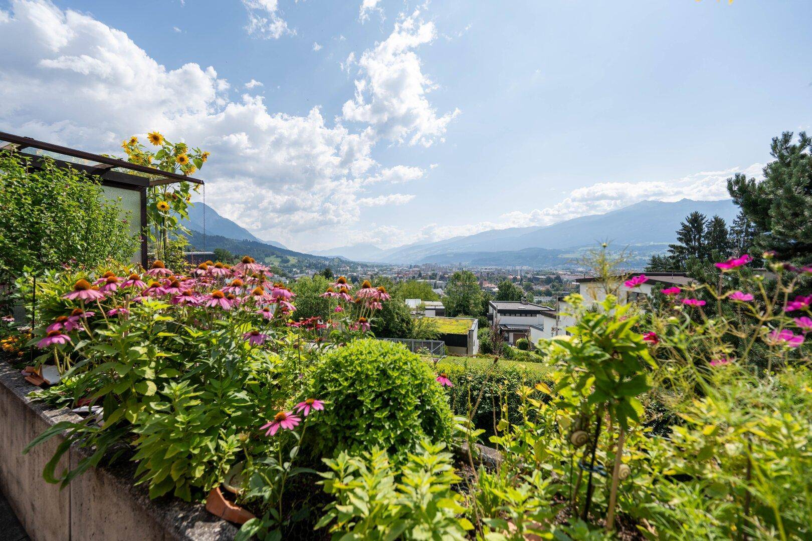 Malerischer Gartenbereich mit bunten Blumen und weitem Blick auf die umliegende Berglandschaft.
