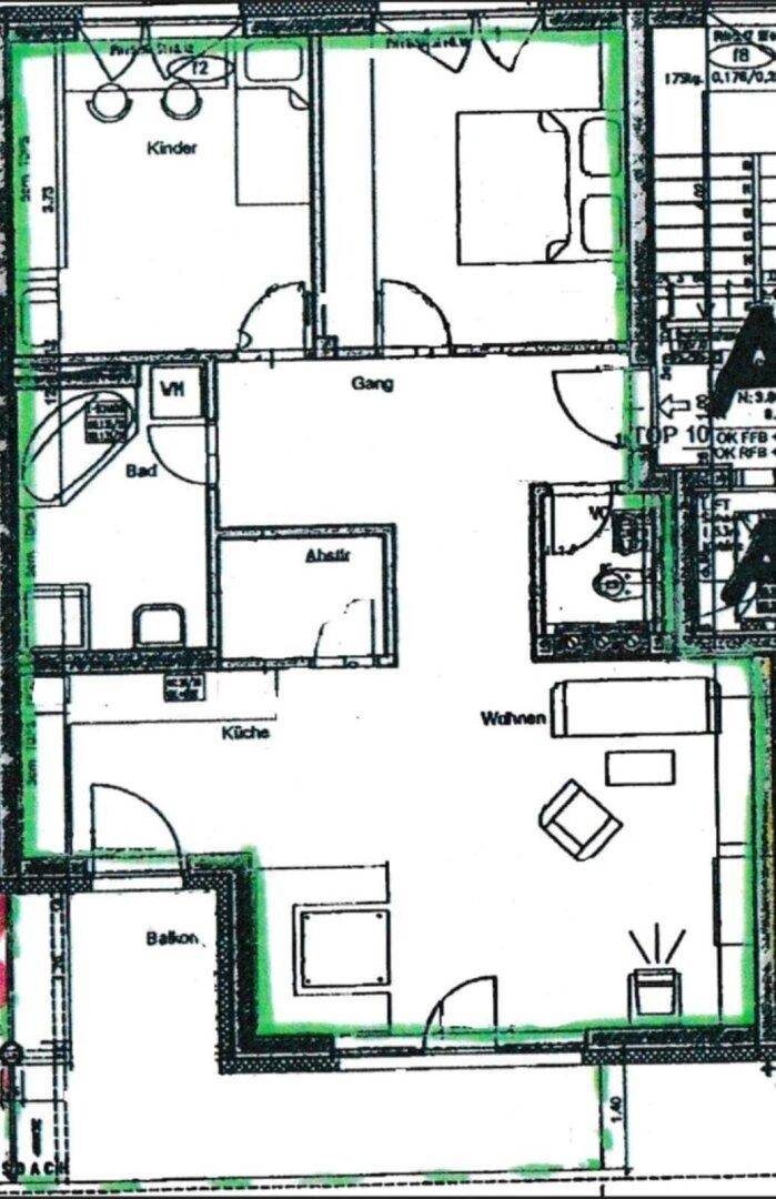 Grundriss einer Wohnung mit Wohnzimmer, Küche, zwei Schlafzimmern, Bad, separatem WC und Balkon.